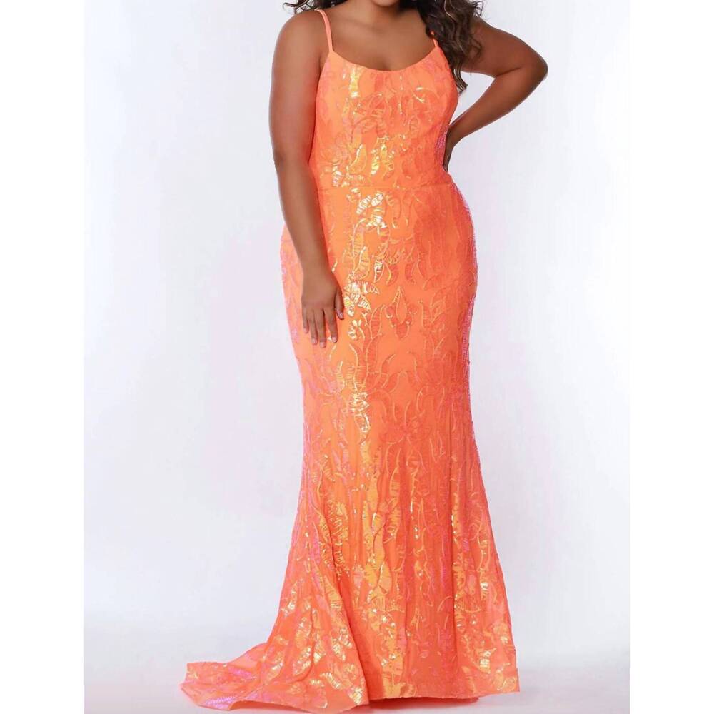 NEW SYDNEY'S CLOSET sheath sequin gown in tangelo